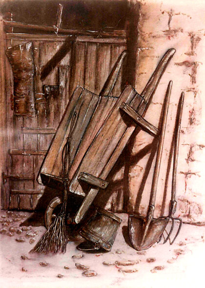Vecchi attrezzi con cortile rustico
